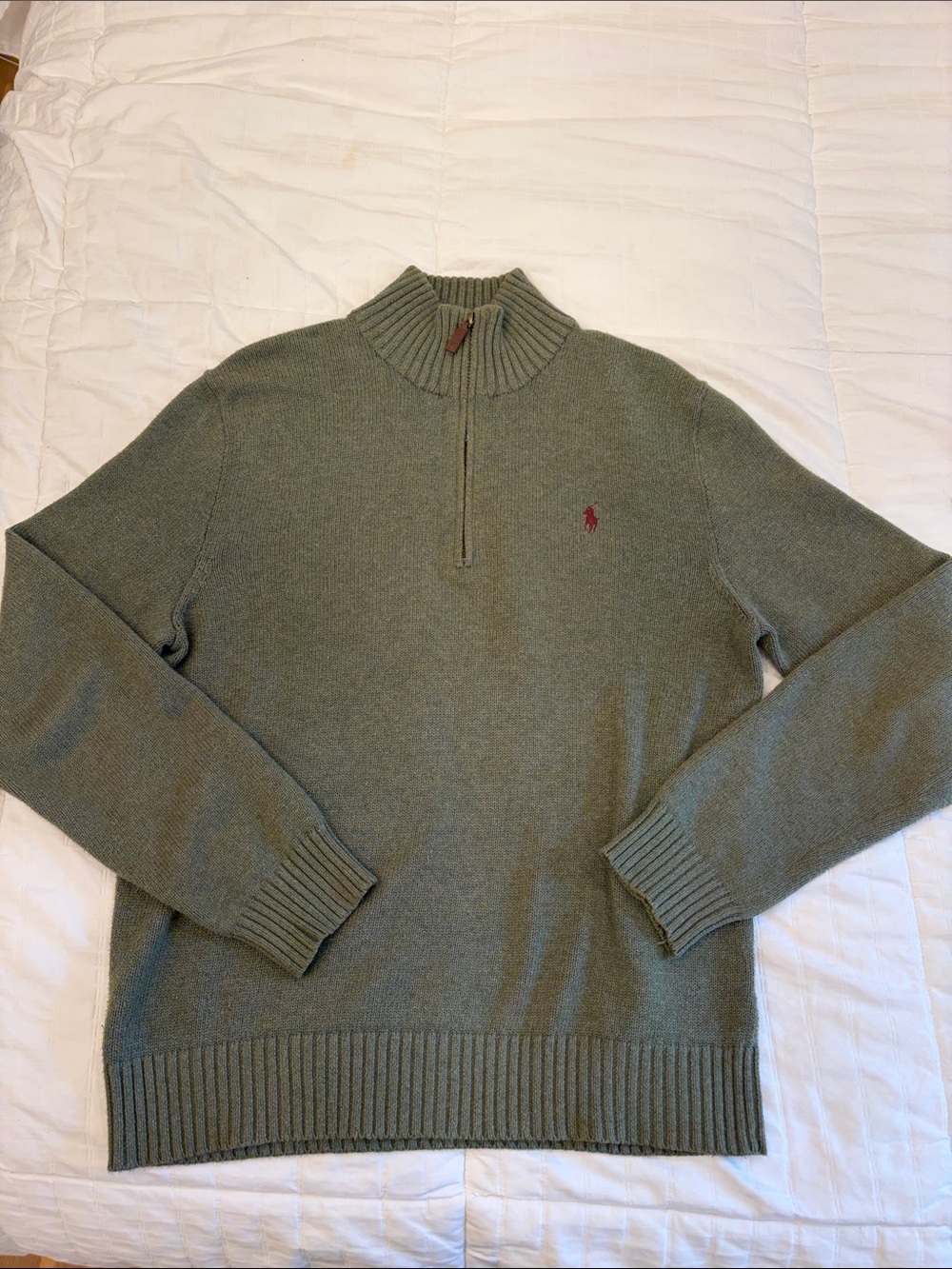 Ralph Lauren Olive Green Half-Zip Mock Neck Sweater with Red Pony